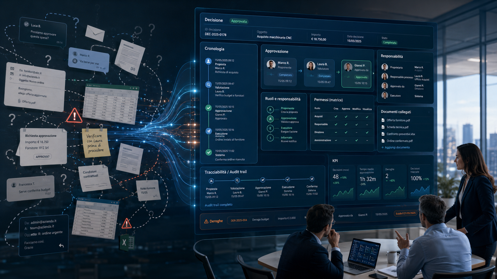 Dashboard di accountability aziendale che traccia decisioni, approvazioni, ruoli, permessi e responsabilità in un flusso operativo governato.