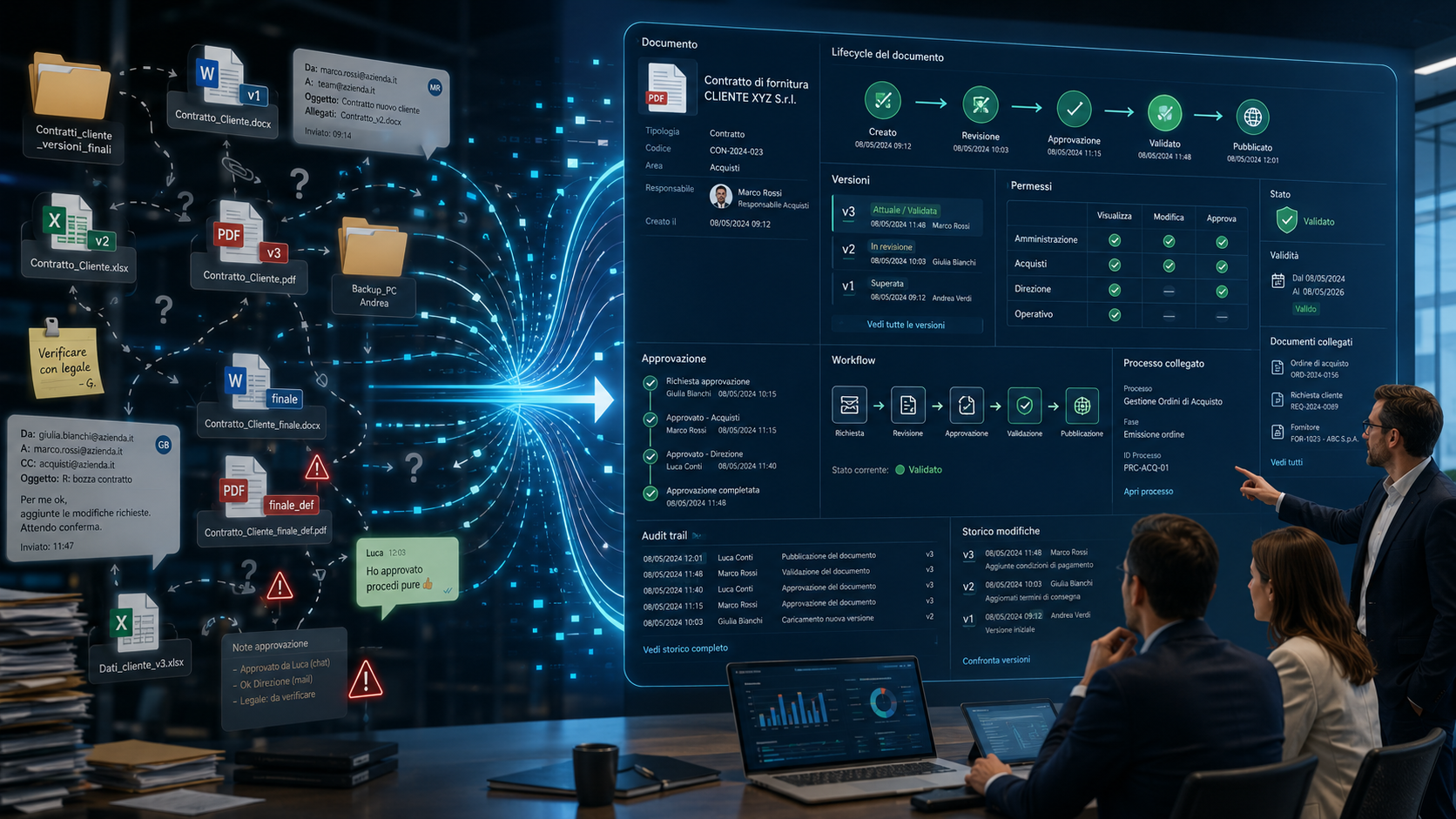 Dashboard di gestione documentale aziendale che governa versioni, permessi, approvazioni, workflow e documenti collegati dentro un processo controllato.