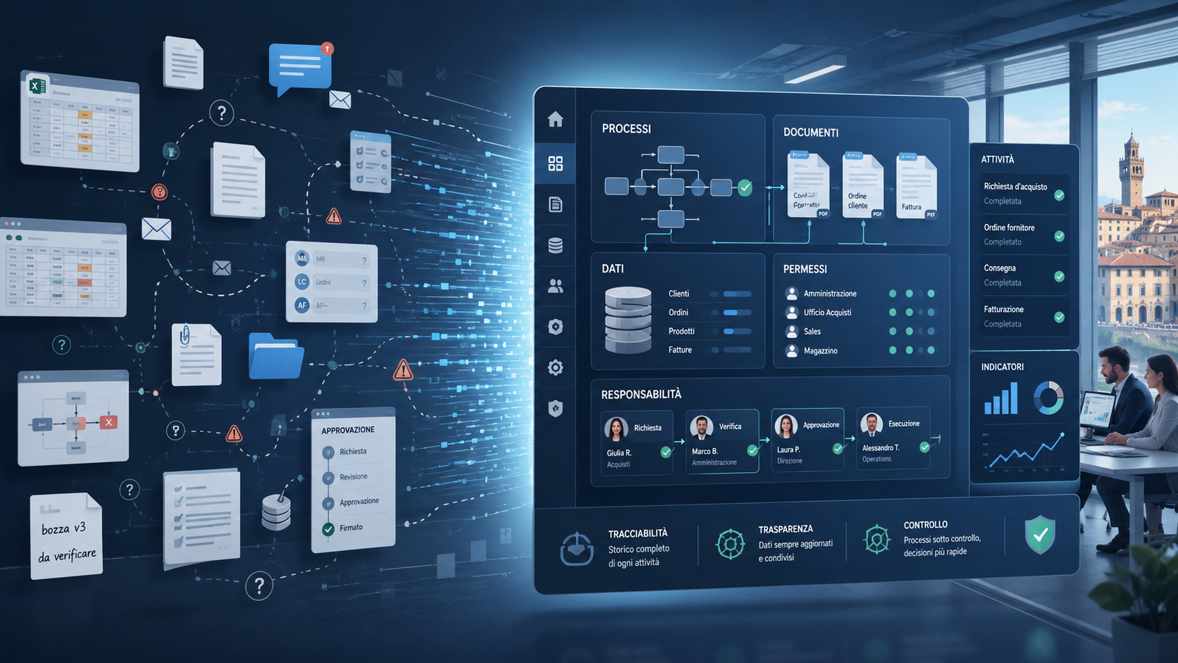 Dashboard digitale che collega processi, dati, documenti, permessi e responsabilità in una PMI, trasformando strumenti frammentati in un sistema operativo aziendale coerente.