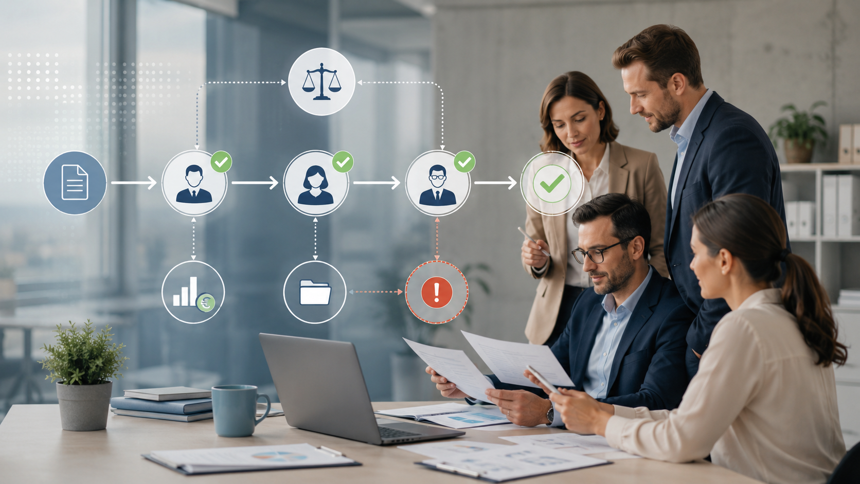 Workflow di approvazione acquisti in una PMI con ruoli, soglie, documenti ed eccezioni tracciate in un processo digitale